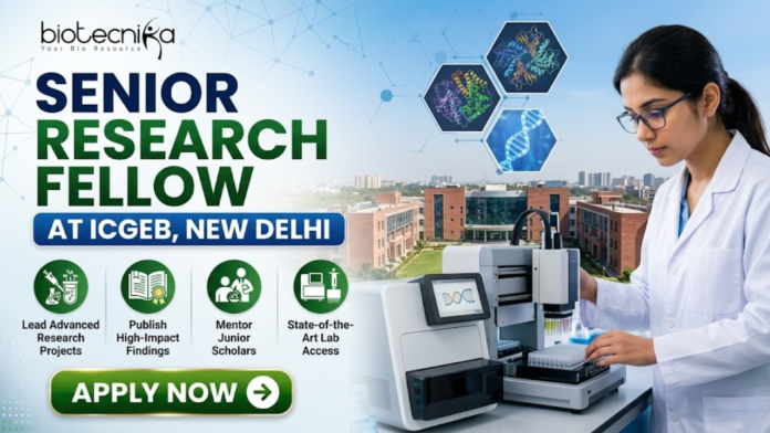 ICGEB New Delhi Hiring Senior Research Fellow Work in Plant Molecular Biology Research ICGEB New Delhi Hiring Senior Research Fellow Work in Plant Molecular Biology Research. A professional recruitment banner for a "Senior Research Fellow at ICGEB, New Delhi," featuring the Biotecnika logo at the top left. On the right side, a female scientist in a white lab coat operates advanced automated laboratory equipment, with floating hexagonal graphics of protein structures and a DNA helix above her. The background displays a realistic, sunlit view of a modern research institute campus. The left side features the bold headline and four circular icons representing key roles: Lead Advanced Research Projects, Publish High-Impact Findings, Mentor Junior Scholars, and State-of-the-Art Lab Access. A prominent green "Apply Now" button with a white arrow is located at the bottom left.
