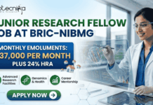 Junior Research Fellow Job at BRIC-NIBMG With ₹37,000 Salary, Apply Before 8 June! Junior Research Fellow Job at BRIC-NIBMG Apply Now. A promotional banner from Biotecnika for a Junior Research Fellow Job at BRIC-NIBMG. A central highlighted box states, "MONTHLY EMOLUMENTS: ₹37,000 PER MONTH PLUS 24% HRA" (indicated by small house icons). The banner features three benefits icons in green: "Advanced Research Facilities" with a microscope, "Genomics & Health" with a DNA helix, and "Career Mentorship" with a rising graph. A female scientist in a lab coat and safety glasses smiles while interacting with a futuristic holographic display showing intricate molecular structures and cellular data graphs. A prominent green button at the bottom says "APPLY NOW". The Biotecnika "Your Bio Resource" logo is prominent at the top left, and the website "www.biotecnika.org" is at the bottom right.