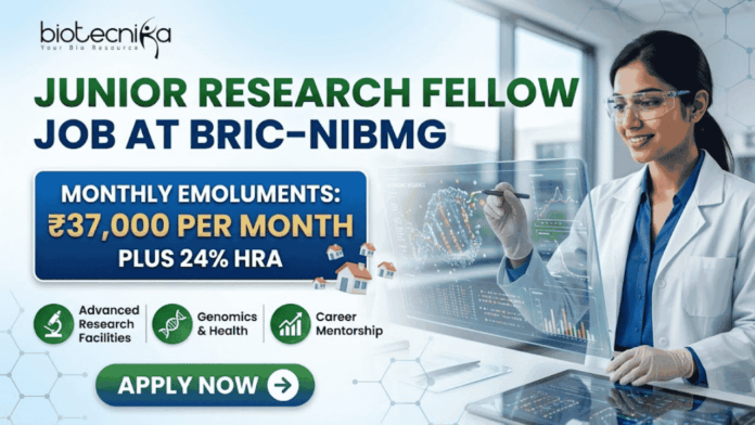 Junior Research Fellow Job at BRIC-NIBMG Apply Now Junior Research Fellow Job at BRIC-NIBMG Apply Now. A promotional banner from Biotecnika for a Junior Research Fellow Job at BRIC-NIBMG. A central highlighted box states, "MONTHLY EMOLUMENTS: ₹37,000 PER MONTH PLUS 24% HRA" (indicated by small house icons). The banner features three benefits icons in green: "Advanced Research Facilities" with a microscope, "Genomics & Health" with a DNA helix, and "Career Mentorship" with a rising graph. A female scientist in a lab coat and safety glasses smiles while interacting with a futuristic holographic display showing intricate molecular structures and cellular data graphs. A prominent green button at the bottom says "APPLY NOW". The Biotecnika "Your Bio Resource" logo is prominent at the top left, and the website "www.biotecnika.org" is at the bottom right.