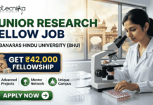 Junior Research Fellow Job at Banaras Hindu University | Get ₹42,000 Fellowship Junior Research Fellow Job at Banaras Hindu University Get ₹42,000 Fellowship. A corporate-style recruitment banner with a clean, attractive layout. At the top-left is the Biotecnika logo. The main text on the left reads 'JUNIOR RESEARCH FELLOW JOB' in large, bold dark green and blue text, with 'AT BANARAS HINDU UNIVERSITY (BHU)' below it. A prominent gold-framed graphic features a money bag with a rupee symbol and a stack of rupee bills, with large gold text above reading 'GET ₹42,000' and blue text below: 'FELLOWSHIP'. To the right, a young female researcher in a lab coat and safety glasses is seated at a lab bench, intently looking through a microscope at a multi-well plate. Below the main text on the left, three circular green icons describe benefits: a microscope for 'Advanced Projects', two figures with a mortarboard for 'Mentor Network', and a rising star-arrow for 'Unique Campus'. A large, rounded green 'APPLY NOW' button with a white right-pointing arrow is centered at the bottom. The overall design is corporate, realistic, and highly attractive.