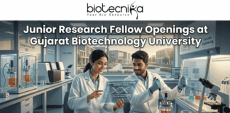 Junior Research Fellow at Gujarat Biotechnology University | 36K/ Month Fellowship Junior Research Fellow Openings at Gujarat Biotechnology University 36,000 Month Fellowship. A promotional banner for Junior Research Fellow openings at Gujarat Biotechnology University, presented by Biotecnika. Two smiling scientists in white lab coats are shown in a futuristic laboratory. The female scientist points to a holographic display featuring a DNA helix and specific details about DNA fingerprinting, genome editing success, DNA sequencing, research areas, and eligibility (M.Sc/M.Tech). Labeling in the background points to "Genome Engineering" and "Bioprocess Lab," and a coffee mug with "Caffeine & CRISPR" is visible. A prominent green "APPLY NOW" button is at the bottom center with a mouse pointer icon.
