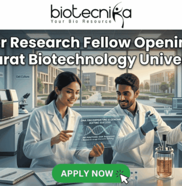 Junior Research Fellow at Gujarat Biotechnology University | 36K/ Month Fellowship Junior Research Fellow Openings at Gujarat Biotechnology University 36,000 Month Fellowship. A promotional banner for Junior Research Fellow openings at Gujarat Biotechnology University, presented by Biotecnika. Two smiling scientists in white lab coats are shown in a futuristic laboratory. The female scientist points to a holographic display featuring a DNA helix and specific details about DNA fingerprinting, genome editing success, DNA sequencing, research areas, and eligibility (M.Sc/M.Tech). Labeling in the background points to "Genome Engineering" and "Bioprocess Lab," and a coffee mug with "Caffeine & CRISPR" is visible. A prominent green "APPLY NOW" button is at the bottom center with a mouse pointer icon.