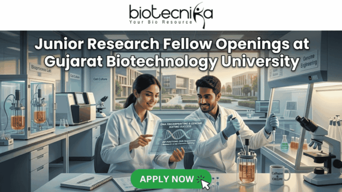 Junior Research Fellow Openings at Gujarat Biotechnology University 36,000 Month Fellowship Junior Research Fellow Openings at Gujarat Biotechnology University 36,000 Month Fellowship. A promotional banner for Junior Research Fellow openings at Gujarat Biotechnology University, presented by Biotecnika. Two smiling scientists in white lab coats are shown in a futuristic laboratory. The female scientist points to a holographic display featuring a DNA helix and specific details about DNA fingerprinting, genome editing success, DNA sequencing, research areas, and eligibility (M.Sc/M.Tech). Labeling in the background points to "Genome Engineering" and "Bioprocess Lab," and a coffee mug with "Caffeine & CRISPR" is visible. A prominent green "APPLY NOW" button is at the bottom center with a mouse pointer icon.