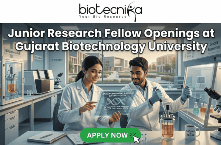 Junior Research Fellow at Gujarat Biotechnology University | 36K/ Month Fellowship Junior Research Fellow Openings at Gujarat Biotechnology University 36,000 Month Fellowship. A promotional banner for Junior Research Fellow openings at Gujarat Biotechnology University, presented by Biotecnika. Two smiling scientists in white lab coats are shown in a futuristic laboratory. The female scientist points to a holographic display featuring a DNA helix and specific details about DNA fingerprinting, genome editing success, DNA sequencing, research areas, and eligibility (M.Sc/M.Tech). Labeling in the background points to "Genome Engineering" and "Bioprocess Lab," and a coffee mug with "Caffeine & CRISPR" is visible. A prominent green "APPLY NOW" button is at the bottom center with a mouse pointer icon.