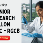 Junior Research Fellow Vacancy 2026 at BRIC – RGCB Earn ₹37,000 Salary. A featured job advertisement image for a Junior Research Fellow position at BRIC-RGCB. At the top center is the biotecnika Your Bio Resource logo. The image features a young woman researcher in a lab coat and gloves, seated at a modern lab bench and carefully pipetting into a microplate. Surrounding her are lab equipment and a monitor showing scientific data. Large glass windows in the background look out onto a modern research campus with greenery. A prominent central text overlay reads, "JUNIOR RESEARCH FELLOW VACANCY at BRIC – RGCB". At the bottom center is a green button that says "APPLY NOW".