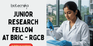 Junior Research Fellow Vacancy 2026 at BRIC – RGCB | Earn ₹37,000 Salary Junior Research Fellow Vacancy 2026 at BRIC – RGCB Earn ₹37,000 Salary. A featured job advertisement image for a Junior Research Fellow position at BRIC-RGCB. At the top center is the biotecnika Your Bio Resource logo. The image features a young woman researcher in a lab coat and gloves, seated at a modern lab bench and carefully pipetting into a microplate. Surrounding her are lab equipment and a monitor showing scientific data. Large glass windows in the background look out onto a modern research campus with greenery. A prominent central text overlay reads, "JUNIOR RESEARCH FELLOW VACANCY at BRIC – RGCB". At the bottom center is a green button that says "APPLY NOW".