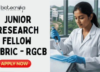 Junior Research Fellow Vacancy 2026 at BRIC – RGCB | Earn ₹37,000 Salary Junior Research Fellow Vacancy 2026 at BRIC – RGCB Earn ₹37,000 Salary. A featured job advertisement image for a Junior Research Fellow position at BRIC-RGCB. At the top center is the biotecnika Your Bio Resource logo. The image features a young woman researcher in a lab coat and gloves, seated at a modern lab bench and carefully pipetting into a microplate. Surrounding her are lab equipment and a monitor showing scientific data. Large glass windows in the background look out onto a modern research campus with greenery. A prominent central text overlay reads, "JUNIOR RESEARCH FELLOW VACANCY at BRIC – RGCB". At the bottom center is a green button that says "APPLY NOW".