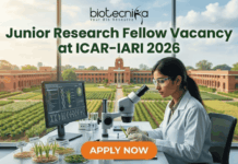 Junior Research Fellow Vacancy at ICAR-IARI 2026 | MSc Life Science Candidates Apply Fast! Junior Research Fellow Vacancy at ICAR-IARI 2026 Apply Fast. A promotional image for a "Junior Research Fellow Vacancy at ICAR-IARI 2026," featuring a female scientist in a modern lab with plant samples and a view of the IARI campus. The "biotecnika" logo is at the top, and a large "APPLY NOW" button is at the bottom.