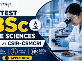 Latest BSc Life Sciences Job at CSIR-CSMCRI Apply Online Here!! Featured banner for “Latest BSc Life Sciences Job at CSIR-CSMCRI” featuring the Biotecnika logo at the top, a life sciences researcher using a microscope in a modern laboratory, marine science and research-themed graphics, career-focused highlights, and a bold “Apply Now” button at the bottom.