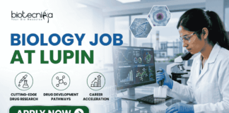 Latest Biology Job At Lupin BSc Candidates Apply Before It's Gone! A detailed, professional recruitment banner for a "BIOLOGY JOB AT LUPIN" by biotecnika Your Bio Resource. The banner features a focused female Indian scientist in a lab coat and safety glasses, using a multichannel pipette to fill a microplate in a modern laboratory. Overlaid on the background, which includes a campus view and scientific monitors with bio-prospecting data and molecular models, are hexagonal panels displaying a DNA helix, a cell structure, and a plant sample. Three key career benefits are listed with icons in green circles: "CUTTING-EDGE DRUG RESEARCH", "DRUG DEVELOPMENT PATHWAYS", and "CAREER ACCELERATION". A prominent green "APPLY NOW" button with a white right arrow is at the bottom center. The company logo is at the top left, and the job title text is prominent on the left.