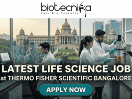 Latest Life Science Job at Thermo Fisher Scientific Bangalore | Apply Online Here Latest Life Science Job at Thermo Fisher Scientific Bangalore Apply Online Here. An attractive job advertisement banner from Biotecnika, featuring three scientists in white lab coats actively working in a modern laboratory. In the background, visible through a large window, is the recognizable Vidhana Soudha building in Bengaluru. Prominent text overlay reads: "LATEST LIFE SCIENCE JOB at THERMO FISHER SCIENTIFIC BANGALORE". At the top is the Biotecnika logo, and at the bottom center is a "APPLY NOW" button. A "NEW OPENING" handshake badge is in the top right.