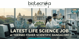 Latest Life Science Job at Thermo Fisher Scientific Bangalore Apply Online Here. An attractive job advertisement banner from Biotecnika, featuring three scientists in white lab coats actively working in a modern laboratory. In the background, visible through a large window, is the recognizable Vidhana Soudha building in Bengaluru. Prominent text overlay reads: "LATEST LIFE SCIENCE JOB at THERMO FISHER SCIENTIFIC BANGALORE". At the top is the Biotecnika logo, and at the bottom center is a "APPLY NOW" button. A "NEW OPENING" handshake badge is in the top right.