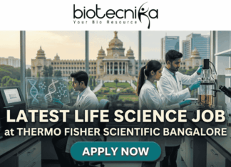 Latest Life Science Job at Thermo Fisher Scientific Bangalore | Apply Online Here Latest Life Science Job at Thermo Fisher Scientific Bangalore Apply Online Here. An attractive job advertisement banner from Biotecnika, featuring three scientists in white lab coats actively working in a modern laboratory. In the background, visible through a large window, is the recognizable Vidhana Soudha building in Bengaluru. Prominent text overlay reads: "LATEST LIFE SCIENCE JOB at THERMO FISHER SCIENTIFIC BANGALORE". At the top is the Biotecnika logo, and at the bottom center is a "APPLY NOW" button. A "NEW OPENING" handshake badge is in the top right.