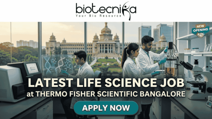 Latest Life Science Job at Thermo Fisher Scientific Bangalore Apply Online Here Latest Life Science Job at Thermo Fisher Scientific Bangalore Apply Online Here. An attractive job advertisement banner from Biotecnika, featuring three scientists in white lab coats actively working in a modern laboratory. In the background, visible through a large window, is the recognizable Vidhana Soudha building in Bengaluru. Prominent text overlay reads: "LATEST LIFE SCIENCE JOB at THERMO FISHER SCIENTIFIC BANGALORE". At the top is the Biotecnika logo, and at the bottom center is a "APPLY NOW" button. A "NEW OPENING" handshake badge is in the top right.