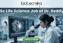 Latest MSc Life Science Job at Dr. Reddy’s | Apply Before Deadline! Latest MSc Life Science Job at Dr. Reddy's Apply Before Deadline!. An advertisement image for an MSc Life Science job at Dr. Reddy's, featuring a female scientist in a modern research lab examining a microscope. Monitors in the background display molecular models, graphs, and text including "DRUG-TARGET INTERACTION STUDY" and "PRESTIGIOUS CAREER PATH." At the top of the image is the headline "MSc Life Science Job at Dr. Reddy's" alongside the Biotecnika logo, and a green "APPLY NOW" button is at the bottom. Other lab staff and a world map are visible in the background.