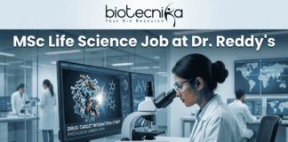 Latest MSc Life Science Job at Dr. Reddy’s | Apply Before Deadline! Latest MSc Life Science Job at Dr. Reddy's Apply Before Deadline!. An advertisement image for an MSc Life Science job at Dr. Reddy's, featuring a female scientist in a modern research lab examining a microscope. Monitors in the background display molecular models, graphs, and text including "DRUG-TARGET INTERACTION STUDY" and "PRESTIGIOUS CAREER PATH." At the top of the image is the headline "MSc Life Science Job at Dr. Reddy's" alongside the Biotecnika logo, and a green "APPLY NOW" button is at the bottom. Other lab staff and a world map are visible in the background.