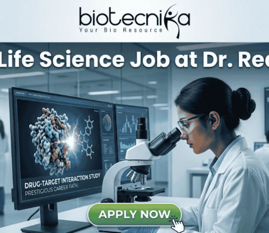 Latest MSc Life Science Job at Dr. Reddy’s | Apply Before Deadline! Latest MSc Life Science Job at Dr. Reddy's Apply Before Deadline!. An advertisement image for an MSc Life Science job at Dr. Reddy's, featuring a female scientist in a modern research lab examining a microscope. Monitors in the background display molecular models, graphs, and text including "DRUG-TARGET INTERACTION STUDY" and "PRESTIGIOUS CAREER PATH." At the top of the image is the headline "MSc Life Science Job at Dr. Reddy's" alongside the Biotecnika logo, and a green "APPLY NOW" button is at the bottom. Other lab staff and a world map are visible in the background.