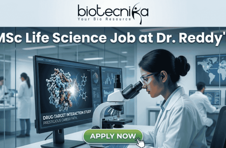 Latest MSc Life Science Job at Dr. Reddy’s | Apply Before Deadline! Latest MSc Life Science Job at Dr. Reddy's Apply Before Deadline!. An advertisement image for an MSc Life Science job at Dr. Reddy's, featuring a female scientist in a modern research lab examining a microscope. Monitors in the background display molecular models, graphs, and text including "DRUG-TARGET INTERACTION STUDY" and "PRESTIGIOUS CAREER PATH." At the top of the image is the headline "MSc Life Science Job at Dr. Reddy's" alongside the Biotecnika logo, and a green "APPLY NOW" button is at the bottom. Other lab staff and a world map are visible in the background.