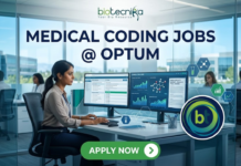 Latest Medical Coding Jobs at Optum | Life Science Candidates Apply Now Latest Medical Coding Jobs at Optum Life Science Candidates Apply Now. A corporate and photorealistic recruitment banner for 'MEDICAL CODING JOBS @ OPTUM' by 'biotecnika'. The image features a focused professional woman of Indian heritage working diligently at a multi-monitor desk with modern office furniture and lab equipment (including a microscope) visible through glass. The central focus is the large, clean text headline: 'MEDICAL CODING JOBS @ OPTUM'. The top left features the 'biotecnika Your Bio Resource' logo. Surrounding the headline is a cluster of interconnected data icons representing medical coding elements and drug research: a complex molecule, a microscope, a DNA helix, a data-streaming research facility, and a team of people, all with a blue and green glowing tech aesthetic. At the bottom, a prominent green button reads 'APPLY NOW' with a right arrow. The design is clean, innovative, and designed to be attention-grabbing and shareable.