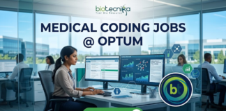 Latest Medical Coding Jobs at Optum | Life Science Candidates Apply Now Latest Medical Coding Jobs at Optum Life Science Candidates Apply Now. A corporate and photorealistic recruitment banner for 'MEDICAL CODING JOBS @ OPTUM' by 'biotecnika'. The image features a focused professional woman of Indian heritage working diligently at a multi-monitor desk with modern office furniture and lab equipment (including a microscope) visible through glass. The central focus is the large, clean text headline: 'MEDICAL CODING JOBS @ OPTUM'. The top left features the 'biotecnika Your Bio Resource' logo. Surrounding the headline is a cluster of interconnected data icons representing medical coding elements and drug research: a complex molecule, a microscope, a DNA helix, a data-streaming research facility, and a team of people, all with a blue and green glowing tech aesthetic. At the bottom, a prominent green button reads 'APPLY NOW' with a right arrow. The design is clean, innovative, and designed to be attention-grabbing and shareable.