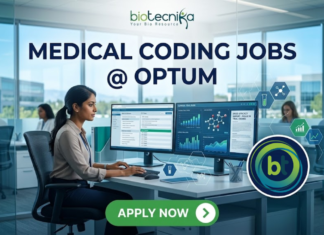 Latest Medical Coding Jobs at Optum | Life Science Candidates Apply Now Latest Medical Coding Jobs at Optum Life Science Candidates Apply Now. A corporate and photorealistic recruitment banner for 'MEDICAL CODING JOBS @ OPTUM' by 'biotecnika'. The image features a focused professional woman of Indian heritage working diligently at a multi-monitor desk with modern office furniture and lab equipment (including a microscope) visible through glass. The central focus is the large, clean text headline: 'MEDICAL CODING JOBS @ OPTUM'. The top left features the 'biotecnika Your Bio Resource' logo. Surrounding the headline is a cluster of interconnected data icons representing medical coding elements and drug research: a complex molecule, a microscope, a DNA helix, a data-streaming research facility, and a team of people, all with a blue and green glowing tech aesthetic. At the bottom, a prominent green button reads 'APPLY NOW' with a right arrow. The design is clean, innovative, and designed to be attention-grabbing and shareable.