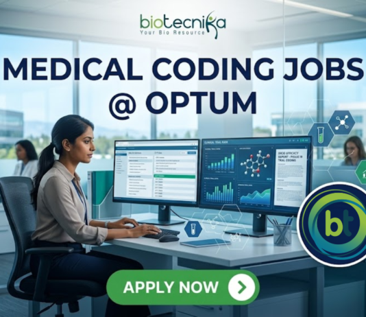 Latest Medical Coding Jobs at Optum | Life Science Candidates Apply Now Latest Medical Coding Jobs at Optum Life Science Candidates Apply Now. A corporate and photorealistic recruitment banner for 'MEDICAL CODING JOBS @ OPTUM' by 'biotecnika'. The image features a focused professional woman of Indian heritage working diligently at a multi-monitor desk with modern office furniture and lab equipment (including a microscope) visible through glass. The central focus is the large, clean text headline: 'MEDICAL CODING JOBS @ OPTUM'. The top left features the 'biotecnika Your Bio Resource' logo. Surrounding the headline is a cluster of interconnected data icons representing medical coding elements and drug research: a complex molecule, a microscope, a DNA helix, a data-streaming research facility, and a team of people, all with a blue and green glowing tech aesthetic. At the bottom, a prominent green button reads 'APPLY NOW' with a right arrow. The design is clean, innovative, and designed to be attention-grabbing and shareable.