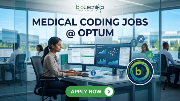 Latest Medical Coding Jobs at Optum Life Science Candidates Apply Now Latest Medical Coding Jobs at Optum Life Science Candidates Apply Now. A corporate and photorealistic recruitment banner for 'MEDICAL CODING JOBS @ OPTUM' by 'biotecnika'. The image features a focused professional woman of Indian heritage working diligently at a multi-monitor desk with modern office furniture and lab equipment (including a microscope) visible through glass. The central focus is the large, clean text headline: 'MEDICAL CODING JOBS @ OPTUM'. The top left features the 'biotecnika Your Bio Resource' logo. Surrounding the headline is a cluster of interconnected data icons representing medical coding elements and drug research: a complex molecule, a microscope, a DNA helix, a data-streaming research facility, and a team of people, all with a blue and green glowing tech aesthetic. At the bottom, a prominent green button reads 'APPLY NOW' with a right arrow. The design is clean, innovative, and designed to be attention-grabbing and shareable.