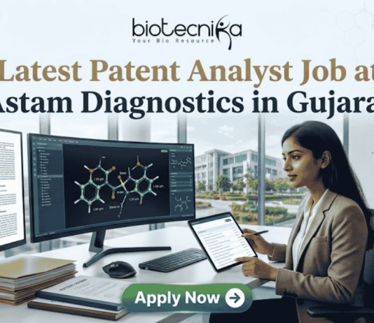 Latest Patent Analyst Job at Astam Diagnostics in Gujarat Apply Now. Biotecnika Patent Analyst job at Astam Diagnostics. Professional analyzing drug patents on digital screens. Apply Now button.