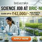 Life Science Job at BRIC-NIPGR 2026 | Earn Upto ₹42,000/- per month + 27% HRA Life Science Job at BRIC-NIPGR 2026 Earn Upto ₹42,000- per month + 27% HRA. An illustrated advertisement for a Life Science Job at BRIC-NIPGR, presented by Biotecnika. The image depicts a female researcher working in a modern laboratory and greenhouse environment with plant growth data monitors. A prominent gold banner highlights a salary offer of "EARN UPTO ₹42,000/- PER MONTH + 27% HRA". At the bottom, there is a large, orange-red "APPLY NOW" button.