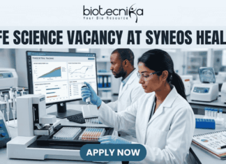 Life Science Vacancy at Syneos Health | BSc Candidates Apply Now Life Science Vacancy at Syneos Health BSc Candidates Apply Now. A complete job advertisement featured image banner. At the very top center, it features the full Biotecnika logo and tagline ("biotecnika", abstract human-leaf figure, "Your Bio Resource"). Directly below, a large text headline reads: "LIFE SCIENCE VACANCY AT SYNEOS HEALTH". The main scene is a photograph of a modern, well-equipped laboratory with two focused researchers. A female researcher in the foreground is actively pipetting over microtiter plates. Behind her, her male colleague works at a large computer station. The monitor screen is clearly legible and displays complex "PHASE III TRIAL TRACKING" data, graphs, and clinical recruitment charts. Advanced lab equipment like an automated liquid handling system and color-coded samples are on the bench, alongside a lab notebook with molecular doodles. At the bottom center, a prominent deep teal-blue button with bold white text displays "APPLY NOW".