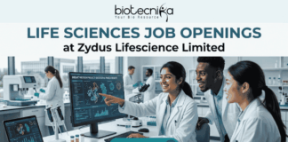 Life Sciences Job Openings at Zydus Lifescience Limited | Walk-In Interview 2026 Life Sciences Job Openings at Zydus Lifescience Limited Walk-In Interview 2026. A promotional banner from Biotecnika, titled 'LIFE SCIENCES JOB OPENINGS at Zydus Lifescience Limited'. The image features a photo of three diverse and collaborative researchers in a modern laboratory. One woman in a lab coat is smiling and pointing to a computer monitor displaying 'SUCCESSFUL PHASE III RESULTS' and scientific data visualizations. Her colleagues look on with interest. Laboratory tools like pipettes, petri dishes with samples, vials, and a laptop are visible on the desk. At the bottom center, a prominent blue button reads 'APPLY NOW' with an arrow icon. The overall theme is successful, modern scientific collaboration.