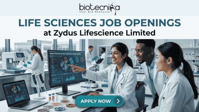 Life Sciences Job Openings at Zydus Lifescience Limited Walk-In Interview 2026 Life Sciences Job Openings at Zydus Lifescience Limited Walk-In Interview 2026. A promotional banner from Biotecnika, titled 'LIFE SCIENCES JOB OPENINGS at Zydus Lifescience Limited'. The image features a photo of three diverse and collaborative researchers in a modern laboratory. One woman in a lab coat is smiling and pointing to a computer monitor displaying 'SUCCESSFUL PHASE III RESULTS' and scientific data visualizations. Her colleagues look on with interest. Laboratory tools like pipettes, petri dishes with samples, vials, and a laptop are visible on the desk. At the bottom center, a prominent blue button reads 'APPLY NOW' with an arrow icon. The overall theme is successful, modern scientific collaboration.