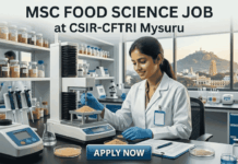 MSc Food Science Job at CSIR-CFTRI Mysuru | Apply Before Deadline! MSc Food Science Job at CSIR-CFTRI Apply Online. A realistic photograph with text overlay at the top: 'MSC FOOD SCIENCE JOB at CSIR-CFTRI Mysuru.' A smiling female food scientist in a white lab coat and gloves is depicted operating a grain analysis machine in a laboratory. The well-stocked shelves behind her hold numerous jars of cereal samples and lab equipment. In the background, a large window frames the view of the city of Mysuru, including a distinctive temple gopuram on Chamundi Hill under a warm sky. At the bottom, a prominent blue button states 'APPLY NOW'."