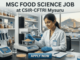 MSc Food Science Job at CSIR-CFTRI Apply Online. A realistic photograph with text overlay at the top: 'MSC FOOD SCIENCE JOB at CSIR-CFTRI Mysuru.' A smiling female food scientist in a white lab coat and gloves is depicted operating a grain analysis machine in a laboratory. The well-stocked shelves behind her hold numerous jars of cereal samples and lab equipment. In the background, a large window frames the view of the city of Mysuru, including a distinctive temple gopuram on Chamundi Hill under a warm sky. At the bottom, a prominent blue button states 'APPLY NOW'."