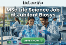 MSc Life Science Job Opening at Jubilant Biosys | Apply Online Today! MSc Life Science Job Opening at Jubilant Biosys Apply Online Today! A featured job recruitment banner with the text "MSc Life Science Job at Jubilant Biosys" positioned prominently below the Biotecnika logo. The central image is a photorealistic illustration of a diverse male and female scientist pair in lab coats collaborating in a modern, sunlit laboratory. They are interacting with a futuristic holographic screen that displays a complex 3D molecular structure, accompanied by smaller text details like "Target Protein-Ligand Affinity" and "Lead Compound Screen Results". One scientist holds a microplate with colorful well contents, and the other points at the holographic display. A large, green, prominent "APPLY NOW" button is at the bottom center. The lab background features advanced scientific equipment and a view of a park through a large window.
