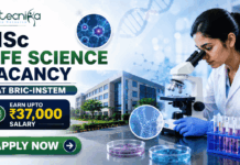 MSc Life Science Vacancy at BRIC-inStem in Bangalore | Earn Upto ₹37,000 Salary MSc Life Science Vacancy at BRIC-inStem in Bangalore Apply. Featured banner for “MSc Life Science Vacancy at BRIC-inStem” featuring the Biotecnika logo at the top, a life sciences researcher using a microscope in a modern biotechnology laboratory, DNA and molecular research-themed graphics, a salary highlight showing “Earn Upto ₹37,000,” a research institute campus backdrop, and a bold “Apply Now” button at the bottom.