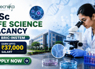 MSc Life Science Vacancy at BRIC-inStem in Bangalore | Earn Upto ₹37,000 Salary MSc Life Science Vacancy at BRIC-inStem in Bangalore Apply. Featured banner for “MSc Life Science Vacancy at BRIC-inStem” featuring the Biotecnika logo at the top, a life sciences researcher using a microscope in a modern biotechnology laboratory, DNA and molecular research-themed graphics, a salary highlight showing “Earn Upto ₹37,000,” a research institute campus backdrop, and a bold “Apply Now” button at the bottom.