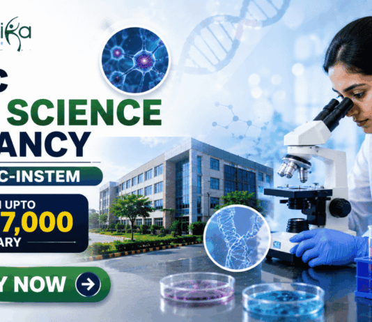 MSc Life Science Vacancy at BRIC-inStem in Bangalore | Earn Upto ₹37,000 Salary MSc Life Science Vacancy at BRIC-inStem in Bangalore Apply. Featured banner for “MSc Life Science Vacancy at BRIC-inStem” featuring the Biotecnika logo at the top, a life sciences researcher using a microscope in a modern biotechnology laboratory, DNA and molecular research-themed graphics, a salary highlight showing “Earn Upto ₹37,000,” a research institute campus backdrop, and a bold “Apply Now” button at the bottom.