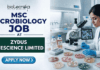 MSc Microbiology Job at Zydus Lifescience Limited | Walk-in Interview MSc Microbiology Job at Zydus Lifescience Limited Walk-in. A professional job featured image with the Biotecnika logo at the top. Text reads "MSc Microbiology Job at Zydus Lifescience Limited" on the left. On the right, a female scientist in a white lab coat and blue gloves works with Petri dishes in a modern microbiology laboratory. A blue "Apply Now" button is at the bottom left.