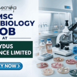 MSc Microbiology Job at Zydus Lifescience Limited Walk-in. A professional job featured image with the Biotecnika logo at the top. Text reads "MSc Microbiology Job at Zydus Lifescience Limited" on the left. On the right, a female scientist in a white lab coat and blue gloves works with Petri dishes in a modern microbiology laboratory. A blue "Apply Now" button is at the bottom left.
