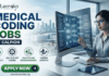Medical Coding Jobs for Life Science Graduates at Calpion | Apply Now Medical Coding Jobs for Life Science Graduates at Calpion Apply Now. A detailed promotional banner from Biotecnika for "Medical Coding Jobs at Calpion." The image is split between a text-heavy left side and a visual right side. On the left, the Biotecnika logo is at the top, followed by large, bold text reading "MEDICAL CODING JOBS" (with "Coding" in green). Below that is a blue banner stating "AT CALPION." Further down is a row of four green and blue circular icons with descriptions: "DATA ACCURACY," "ICD-10 & CPT CODING," "HEALTHCARE REIMBURSEMENT," and "CAREER GROWTH." At the bottom is a large green button that says "APPLY NOW" with a right arrow icon, and the website "www.biotecnika.org." On the right side, a woman with glasses and a button-down shirt is sitting at a desk with a laptop and tablet, looking at and touching a transparent, futuristic computer screen. The screen displays data and multiple medical codes like "ICD-10," "E11.9," "E10.5," "R63.3," etc. In the background is a blurred view of a modern multi-building campus and a distant city skyline through windows.