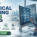 Medical Coding Jobs for Life Science Graduates at Calpion Apply Now. A detailed promotional banner from Biotecnika for "Medical Coding Jobs at Calpion." The image is split between a text-heavy left side and a visual right side. On the left, the Biotecnika logo is at the top, followed by large, bold text reading "MEDICAL CODING JOBS" (with "Coding" in green). Below that is a blue banner stating "AT CALPION." Further down is a row of four green and blue circular icons with descriptions: "DATA ACCURACY," "ICD-10 & CPT CODING," "HEALTHCARE REIMBURSEMENT," and "CAREER GROWTH." At the bottom is a large green button that says "APPLY NOW" with a right arrow icon, and the website "www.biotecnika.org." On the right side, a woman with glasses and a button-down shirt is sitting at a desk with a laptop and tablet, looking at and touching a transparent, futuristic computer screen. The screen displays data and multiple medical codes like "ICD-10," "E11.9," "E10.5," "R63.3," etc. In the background is a blurred view of a modern multi-building campus and a distant city skyline through windows.