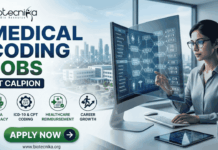 Medical Coding Jobs for Life Science Graduates at Calpion | Apply Now Medical Coding Jobs for Life Science Graduates at Calpion Apply Now. A detailed promotional banner from Biotecnika for "Medical Coding Jobs at Calpion." The image is split between a text-heavy left side and a visual right side. On the left, the Biotecnika logo is at the top, followed by large, bold text reading "MEDICAL CODING JOBS" (with "Coding" in green). Below that is a blue banner stating "AT CALPION." Further down is a row of four green and blue circular icons with descriptions: "DATA ACCURACY," "ICD-10 & CPT CODING," "HEALTHCARE REIMBURSEMENT," and "CAREER GROWTH." At the bottom is a large green button that says "APPLY NOW" with a right arrow icon, and the website "www.biotecnika.org." On the right side, a woman with glasses and a button-down shirt is sitting at a desk with a laptop and tablet, looking at and touching a transparent, futuristic computer screen. The screen displays data and multiple medical codes like "ICD-10," "E11.9," "E10.5," "R63.3," etc. In the background is a blurred view of a modern multi-building campus and a distant city skyline through windows.