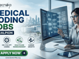 Medical Coding Jobs for Life Science Graduates at Calpion Apply Now. A detailed promotional banner from Biotecnika for "Medical Coding Jobs at Calpion." The image is split between a text-heavy left side and a visual right side. On the left, the Biotecnika logo is at the top, followed by large, bold text reading "MEDICAL CODING JOBS" (with "Coding" in green). Below that is a blue banner stating "AT CALPION." Further down is a row of four green and blue circular icons with descriptions: "DATA ACCURACY," "ICD-10 & CPT CODING," "HEALTHCARE REIMBURSEMENT," and "CAREER GROWTH." At the bottom is a large green button that says "APPLY NOW" with a right arrow icon, and the website "www.biotecnika.org." On the right side, a woman with glasses and a button-down shirt is sitting at a desk with a laptop and tablet, looking at and touching a transparent, futuristic computer screen. The screen displays data and multiple medical codes like "ICD-10," "E11.9," "E10.5," "R63.3," etc. In the background is a blurred view of a modern multi-building campus and a distant city skyline through windows.