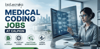 Medical Coding Jobs for Life Science Graduates at Calpion Apply Now. A detailed promotional banner from Biotecnika for "Medical Coding Jobs at Calpion." The image is split between a text-heavy left side and a visual right side. On the left, the Biotecnika logo is at the top, followed by large, bold text reading "MEDICAL CODING JOBS" (with "Coding" in green). Below that is a blue banner stating "AT CALPION." Further down is a row of four green and blue circular icons with descriptions: "DATA ACCURACY," "ICD-10 & CPT CODING," "HEALTHCARE REIMBURSEMENT," and "CAREER GROWTH." At the bottom is a large green button that says "APPLY NOW" with a right arrow icon, and the website "www.biotecnika.org." On the right side, a woman with glasses and a button-down shirt is sitting at a desk with a laptop and tablet, looking at and touching a transparent, futuristic computer screen. The screen displays data and multiple medical codes like "ICD-10," "E11.9," "E10.5," "R63.3," etc. In the background is a blurred view of a modern multi-building campus and a distant city skyline through windows.