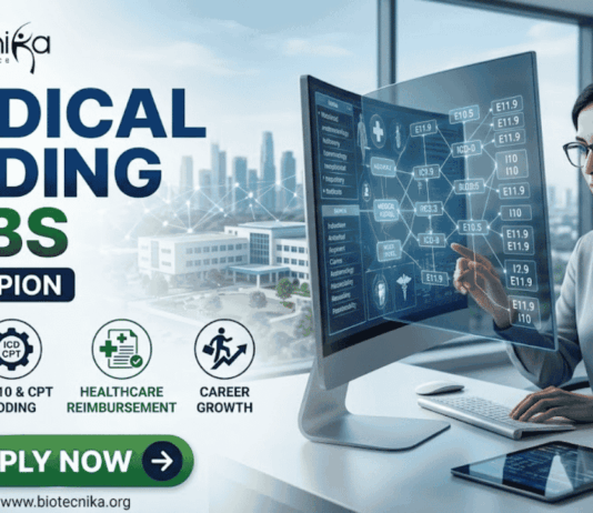 Medical Coding Jobs for Life Science Graduates at Calpion | Apply Now Medical Coding Jobs for Life Science Graduates at Calpion Apply Now. A detailed promotional banner from Biotecnika for "Medical Coding Jobs at Calpion." The image is split between a text-heavy left side and a visual right side. On the left, the Biotecnika logo is at the top, followed by large, bold text reading "MEDICAL CODING JOBS" (with "Coding" in green). Below that is a blue banner stating "AT CALPION." Further down is a row of four green and blue circular icons with descriptions: "DATA ACCURACY," "ICD-10 & CPT CODING," "HEALTHCARE REIMBURSEMENT," and "CAREER GROWTH." At the bottom is a large green button that says "APPLY NOW" with a right arrow icon, and the website "www.biotecnika.org." On the right side, a woman with glasses and a button-down shirt is sitting at a desk with a laptop and tablet, looking at and touching a transparent, futuristic computer screen. The screen displays data and multiple medical codes like "ICD-10," "E11.9," "E10.5," "R63.3," etc. In the background is a blurred view of a modern multi-building campus and a distant city skyline through windows.
