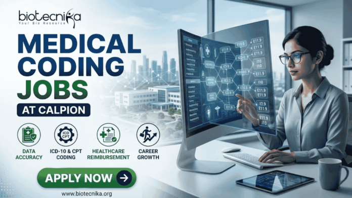 Medical Coding Jobs for Life Science Graduates at Calpion Apply Now Medical Coding Jobs for Life Science Graduates at Calpion Apply Now. A detailed promotional banner from Biotecnika for "Medical Coding Jobs at Calpion." The image is split between a text-heavy left side and a visual right side. On the left, the Biotecnika logo is at the top, followed by large, bold text reading "MEDICAL CODING JOBS" (with "Coding" in green). Below that is a blue banner stating "AT CALPION." Further down is a row of four green and blue circular icons with descriptions: "DATA ACCURACY," "ICD-10 & CPT CODING," "HEALTHCARE REIMBURSEMENT," and "CAREER GROWTH." At the bottom is a large green button that says "APPLY NOW" with a right arrow icon, and the website "www.biotecnika.org." On the right side, a woman with glasses and a button-down shirt is sitting at a desk with a laptop and tablet, looking at and touching a transparent, futuristic computer screen. The screen displays data and multiple medical codes like "ICD-10," "E11.9," "E10.5," "R63.3," etc. In the background is a blurred view of a modern multi-building campus and a distant city skyline through windows.