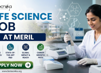 Meril Life Science Job 2026 | Research Role in Gujarat for M.Sc & PhD Candidates Meril Life Science Job 2026 Research Role in Gujarat for M.Sc & PhD Candidates. Meril Life Science Job 2026 Research Role in Gujarat for M.Sc & PhD Candidates. A professional recruitment banner for a "Life Science Job at Meril," featuring the Biotecnika logo at the top left. On the right, a female scientist in a white lab coat is shown working in a bright, modern laboratory, using a multichannel pipette on a microplate. The left side displays the bold headline "LIFE SCIENCE JOB AT MERIL" and four circular icons representing: Innovative Bio-sciences, State-of-the-Art R&D, Global Impact & Reach, and Career Growth Path. The background features floating scientific diagrams and a view of a research campus through a window. A prominent green "Apply Now" button and the website "www.biotecnika.org" are located at the bottom.