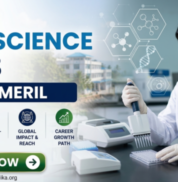 Meril Life Science Job 2026 | Research Role in Gujarat for M.Sc & PhD Candidates Meril Life Science Job 2026 Research Role in Gujarat for M.Sc & PhD Candidates. Meril Life Science Job 2026 Research Role in Gujarat for M.Sc & PhD Candidates. A professional recruitment banner for a "Life Science Job at Meril," featuring the Biotecnika logo at the top left. On the right, a female scientist in a white lab coat is shown working in a bright, modern laboratory, using a multichannel pipette on a microplate. The left side displays the bold headline "LIFE SCIENCE JOB AT MERIL" and four circular icons representing: Innovative Bio-sciences, State-of-the-Art R&D, Global Impact & Reach, and Career Growth Path. The background features floating scientific diagrams and a view of a research campus through a window. A prominent green "Apply Now" button and the website "www.biotecnika.org" are located at the bottom.