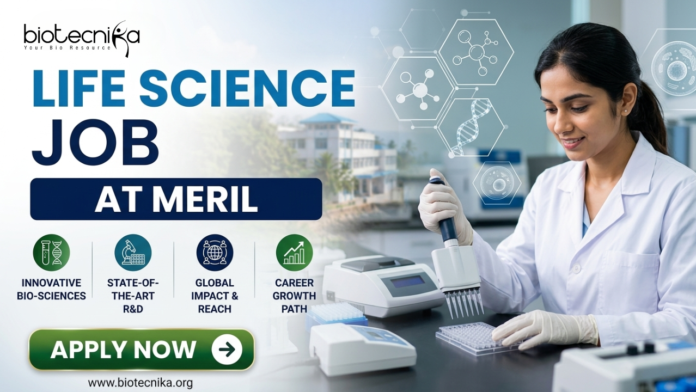 Meril Life Science Job 2026 Research Role in Gujarat for M.Sc & PhD Candidates (1) Meril Life Science Job 2026 Research Role in Gujarat for M.Sc & PhD Candidates. Meril Life Science Job 2026 Research Role in Gujarat for M.Sc & PhD Candidates. A professional recruitment banner for a "Life Science Job at Meril," featuring the Biotecnika logo at the top left. On the right, a female scientist in a white lab coat is shown working in a bright, modern laboratory, using a multichannel pipette on a microplate. The left side displays the bold headline "LIFE SCIENCE JOB AT MERIL" and four circular icons representing: Innovative Bio-sciences, State-of-the-Art R&D, Global Impact & Reach, and Career Growth Path. The background features floating scientific diagrams and a view of a research campus through a window. A prominent green "Apply Now" button and the website "www.biotecnika.org" are located at the bottom.